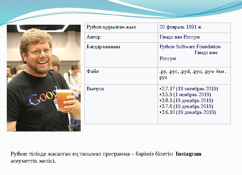 Python тілінде жасалған ең танымал программа – бәріміз білетін Instagram әлеуметтік желісі. Python қурылған жыл 20 февраль