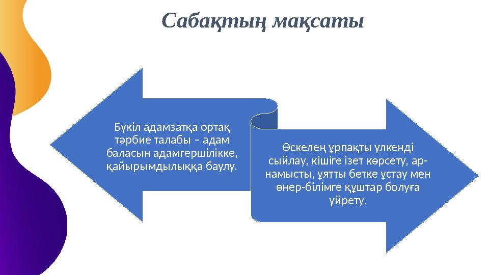 Сабақтың мақсаты Бүкіл адамзатқа ортақ тәрбие талабы – адам баласын адамгершілікке, қайырымдылыққа баулу. Өскелең ұрпақты үлк