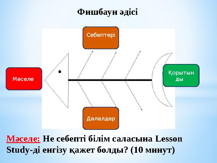 Фишбаун әдісі Мәселе: Не себепті білім саласына Lesson Study -ді енгізу қажет болды? (10 минут)Мәселе Себептері Дәлелдер