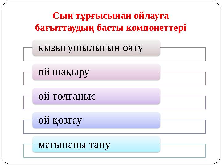 Сын тұрғысынан ойлауға бағыттаудың басты компонеттері қызығушылығын ояту ой шақыру ой толғаныс ой қозғау мағынаны тану