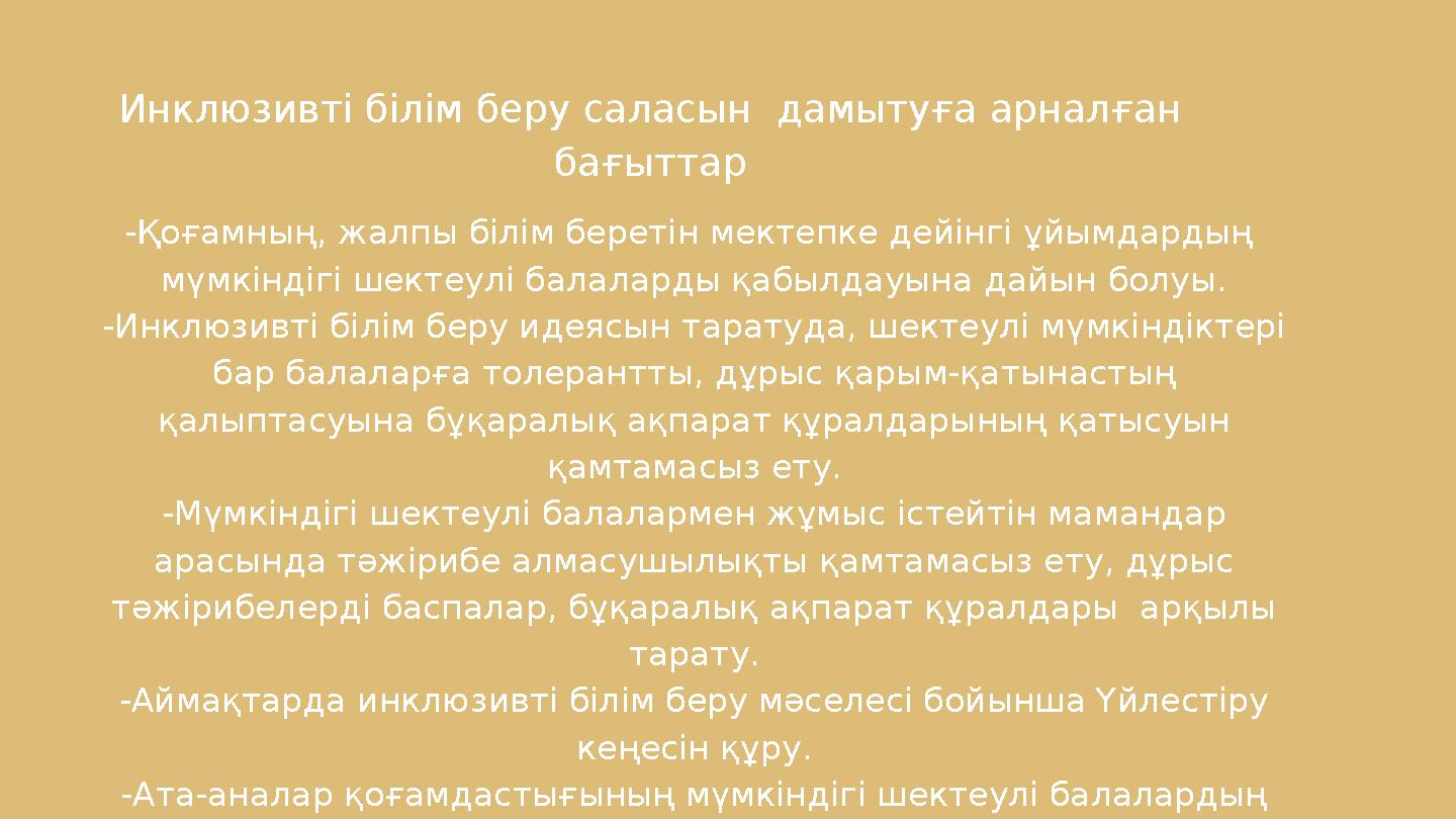 Инклюзивті білім беру саласын дамытуға арналған бағыттар -Қоғамның, жалпы білім беретін мектепке дейінгі ұйымдардың мүмкінді