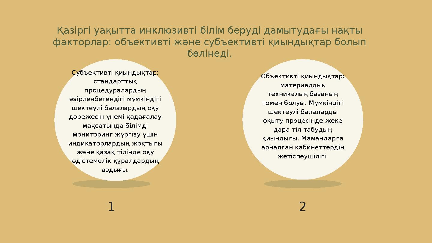 Қазіргі уақытта инклюзивті білім беруді дамытудағы нақты факторлар: объективті және субъективті қиындықтар болып бөлінеді. 1 2