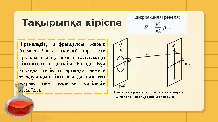 Тақырыпқа кіріспе Френельдің дифракциясы жарық (немесе басқа толқын) тар тесік арқылы өткенде немесе тосқауылды айна