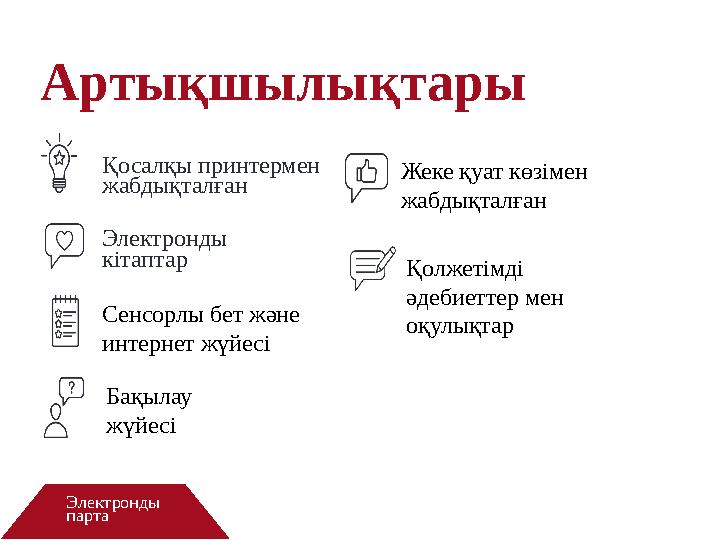 Артықшылықтары Қосалқы принтермен жабдықталған Электронды парта Электронды кітаптар Сенсорлы бет және интернет жүйесі Бақыла
