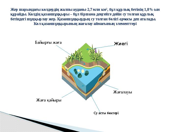 Жер шарындағы көлдердің жалпы ауданы-2,7 млн км 2 , бұл құрлық бетінің 1,8%-ын құрайды. Көлдің қазаншұңқыры – бұл біршама деңге
