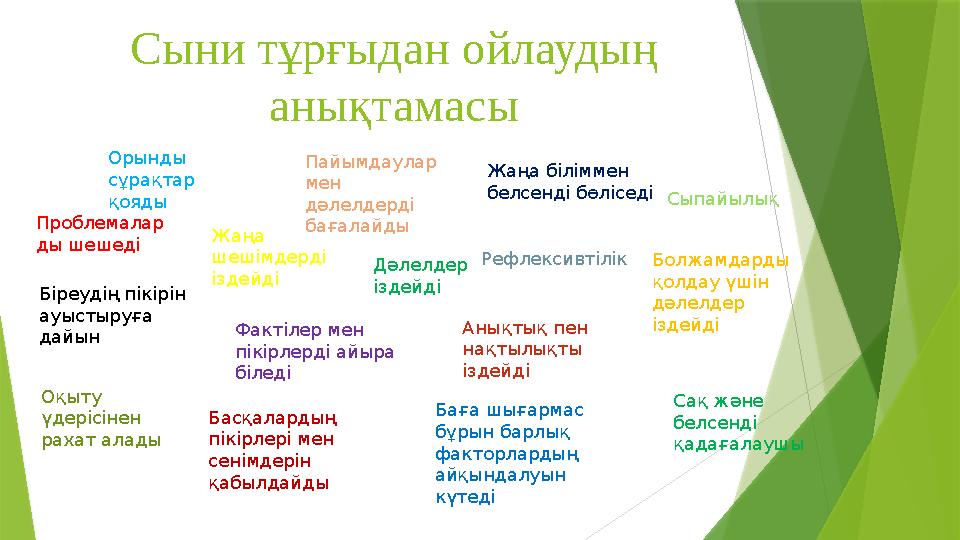 Сыни тұрғыдан ойлаудың анықтамасы Орынды сұрақтар қояды Жаңа шешімдерді іздейдіПроблемалар ды шешеді Пайымдаулар мен дәле