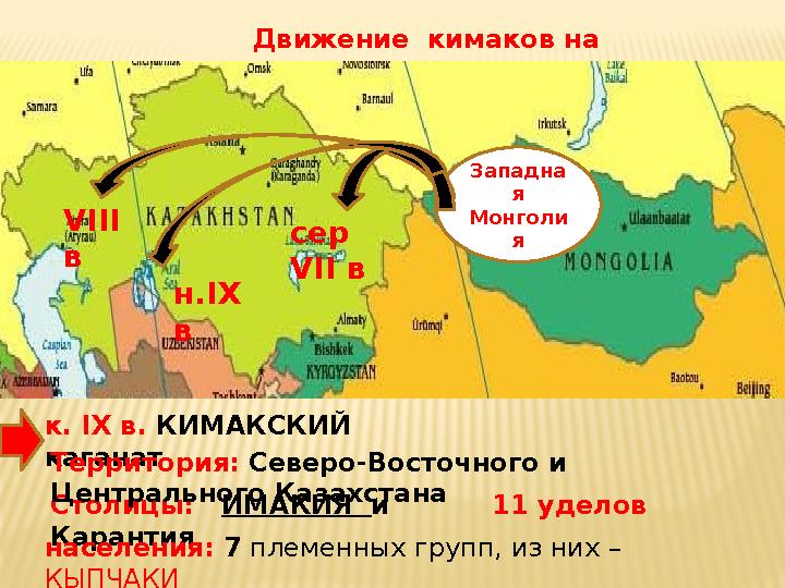 Движение кимаков на запад Западна я Монголи ясер VII в VII I в н. IX в к. IX в. КИМАКСКИЙ каганат