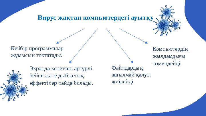 Вирус жақтан компьютердегі ауытқулар Кейбір программалар жұмысын тоқтатады. Экранда кенеттен әртүрлі бейне және дыбыстық эффе
