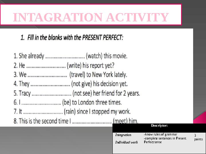 INTAGRATION ACTIVITY Descriptor : Integration Individual work -know rules of grammar - complete sentences in Present Perfect