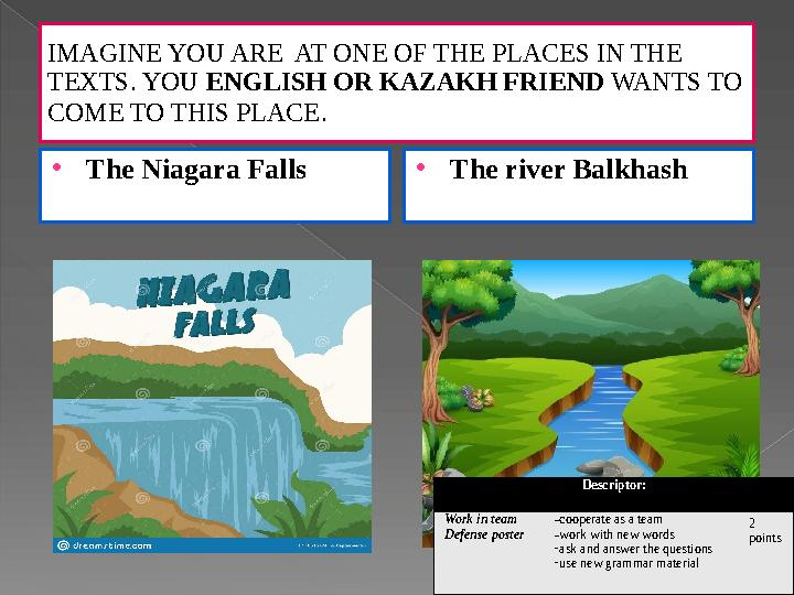 IMAGINE YOU ARE AT ONE OF THE PLACES IN THE TEXTS. YOU ENGLISH OR KAZAKH FRIEND WANTS TO COME TO THIS PLACE .  The Niagara