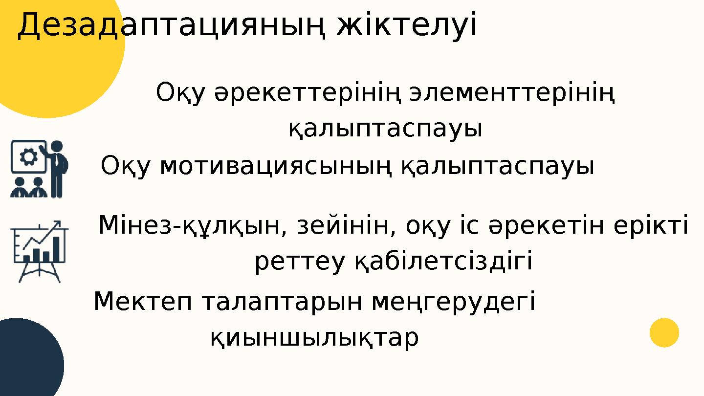 Дезадаптацияның жіктелуі Оқу әрекеттерінің элементтерінің қалыптаспауы Оқу мотивациясының қалыптаспауы Мінез-құлқын, зейінін, о