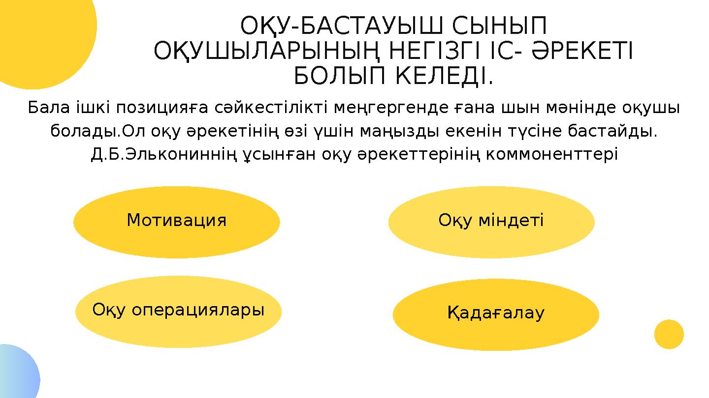 ОҚУ-БАСТАУЫШ СЫНЫП ОҚУШЫЛАРЫНЫҢ НЕГІЗГІ ІС- ӘРЕКЕТІ БОЛЫП КЕЛЕДІ. Бала ішкі позицияға сәйкестілікті меңгергенде ғана шын мәнін