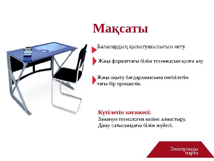 Мақсаты Электронды парта Жаңа форматтағы білім техникасын қолға алу Күтілетін нәтижесі : Замануи технология көзіне алмастыру.