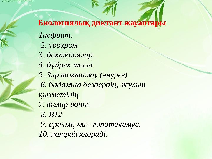 1нефрит. 2. урохром 3. бактериялар 4. бүйрек тасы 5. Зәр тоқтамау (энурез) 6. бадамша бездердің, жұлын қызметінің 7. те