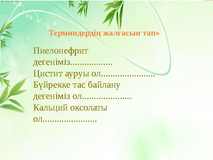 Терминдердің жалғасын тап» Пиелонефрит дегеніміз.................. Цистит ауруы ол....................... Бүйрекке тас байлану