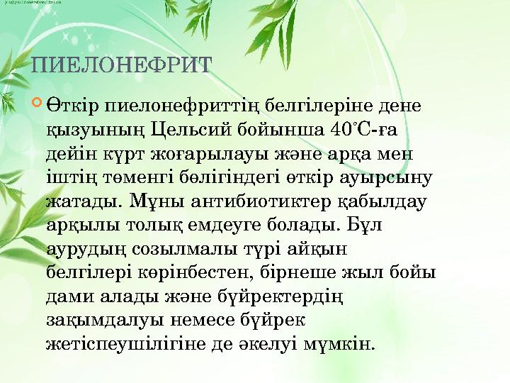 ПИЕЛОНЕФРИТ  Өткір пиелонефриттің белгілеріне дене қызуының Цельсий бойынша 40 ° С-ға дейін күрт жоғарылауы және арқа мен іш