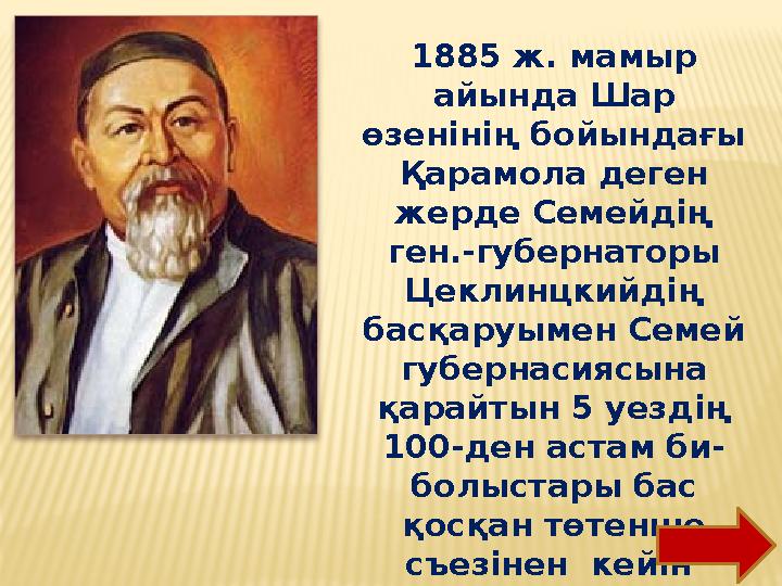 1885 ж. мамыр айында Шар өзенінің бойындағы Қарамола деген жерде Семейдің ген.-губернаторы Цеклинцкийдің басқаруымен Семе