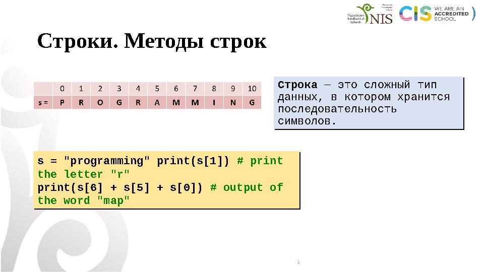 Строки. Методы строк s = "programming" print(s[1]) # print the letter "r" print(s[6] + s[5] + s[0]) # output of the word "m