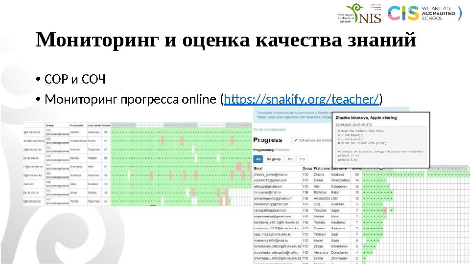 Мониторинг и оценка качества знаний • СОР и СОЧ • Мониторинг прогресса online ( https://snakify.org/teacher/ )