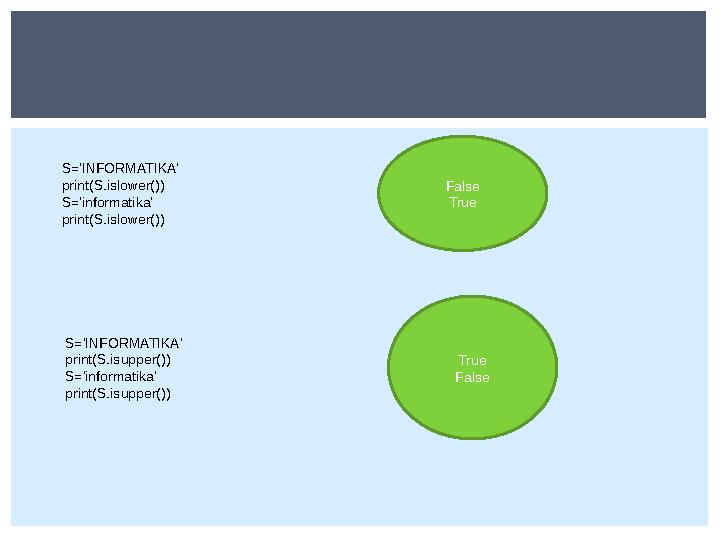 S='INFORMATIKA' print(S.islower()) S='informatika' print(S.islower()) False True S='INFORMATIKA' print(S.isupper()) S='informati