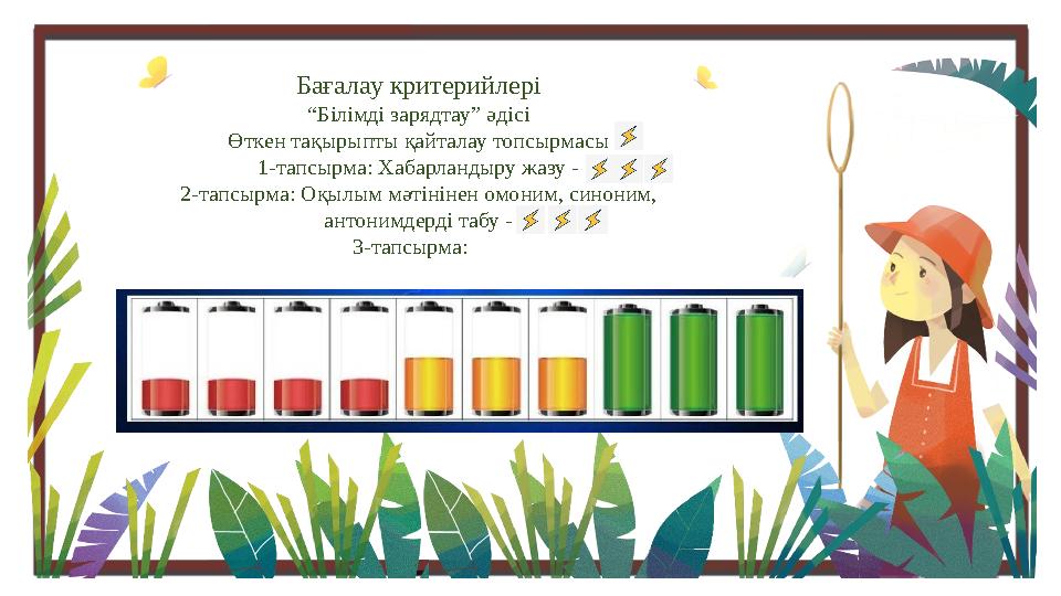 Бағалау критерийлері “ Білімді зарядтау” әдісі Өткен тақырыпты қайталау топсырмасы 1-тапсырма: Хабарландыру жазу - 2-тапсырма: О