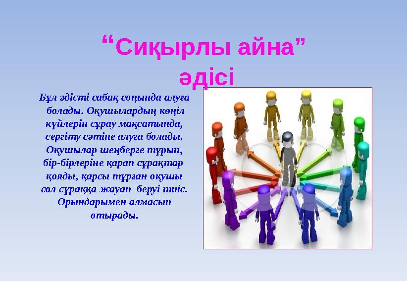 “ Сиқырлы айна” әдісі Бұл әдісті сабақ соңында алуға болады. Оқушылардың көңіл күйлерін сұрау мақсатында, сергіту сәтіне а