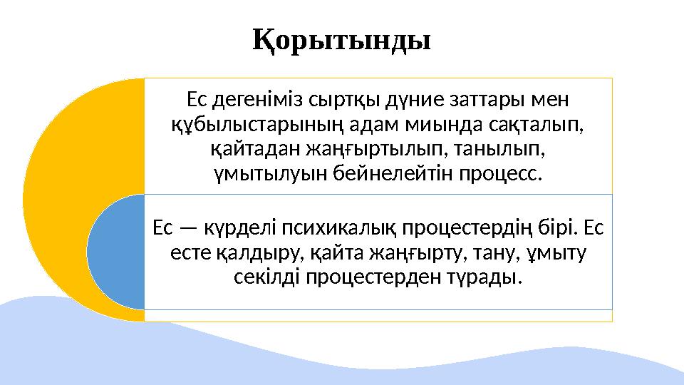 Қорытынды Ес дегеніміз сыртқы дүние заттары мен құбылыстарының адам миында сақталып, қайтадан жаңғыртылып, танылып, үмытылуын