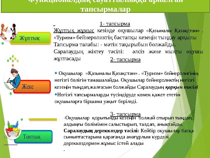 Функционалдық сауаттылыққа арналған тапсырмалар 1- тапсырма Жұптық жұмыс кезінде оқушылар «Қазыналы Қазақстан» . «Ту