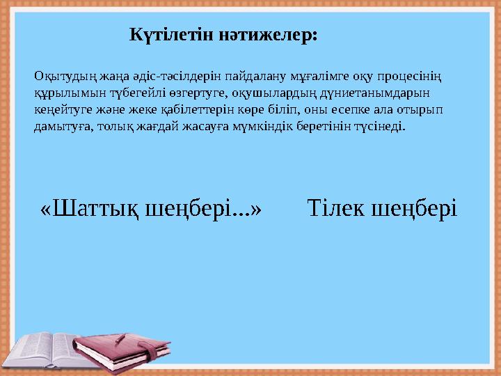 «Шатты қ шеңбері...» Тілек шеңбері Күтілетін нәтижелер: Оқытудың жаңа әдіс-тәсілдерін пайдалану мұғалімге оқу процесіні