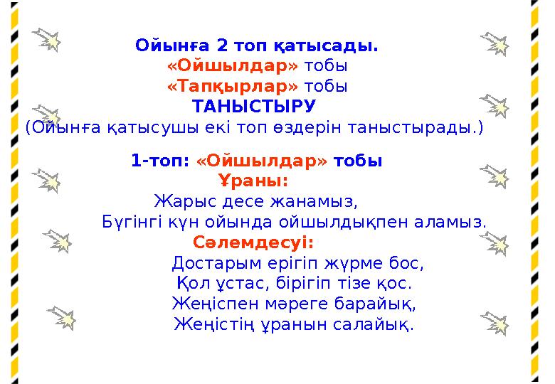 Ойынға 2 топ қатысады. «Ойшылдар» тобы «Тапқырлар» тобы ТАНЫСТЫРУ (Ойынға қатысушы екі топ өздерін таныстырады.) 1-топ: «Ой