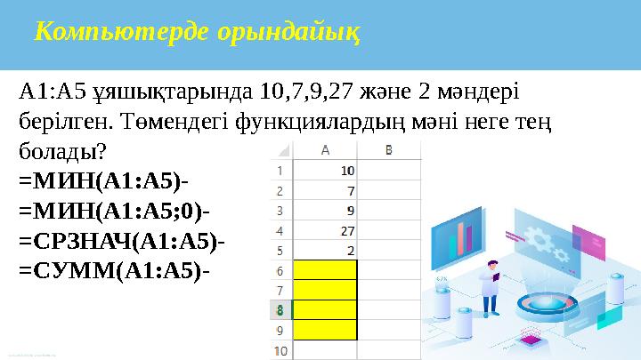 Компьютерде орындайы қ А1:А5 ұяшықтарында 10 ,7,9,27 ж әне 2 мәндері берілген. Төмендегі функциялардың мәні неге тең болады?