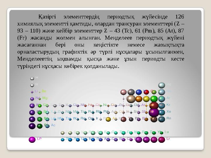 Қазіргі элементтердің периодтық жүйесінде 126 химиялық элементті қамтиды, олардан трансуран элементтері ( Z – 93 – 110)