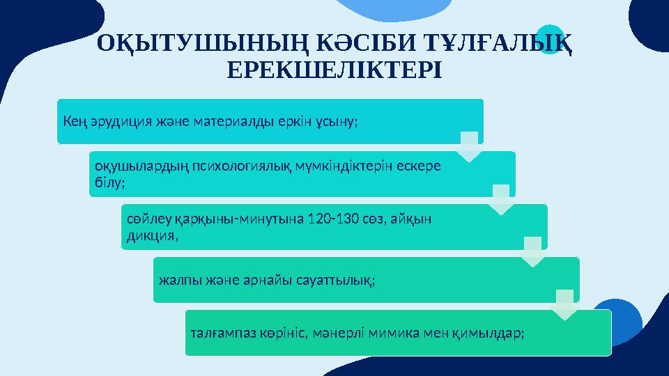 ОҚЫТУШЫНЫҢ КӘСІБИ ТҰЛҒАЛЫҚ ЕРЕКШЕЛІКТЕРІ Кең эрудиция және материалды еркін ұсыну; оқушылардың психологиялық мүмкіндіктерін еск