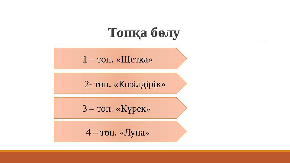 Топқа бөлу 1 – топ. «Щетка» 4 – топ. «Лупа»3 – топ. «Күрек» 2- топ. «Көзілдірік»