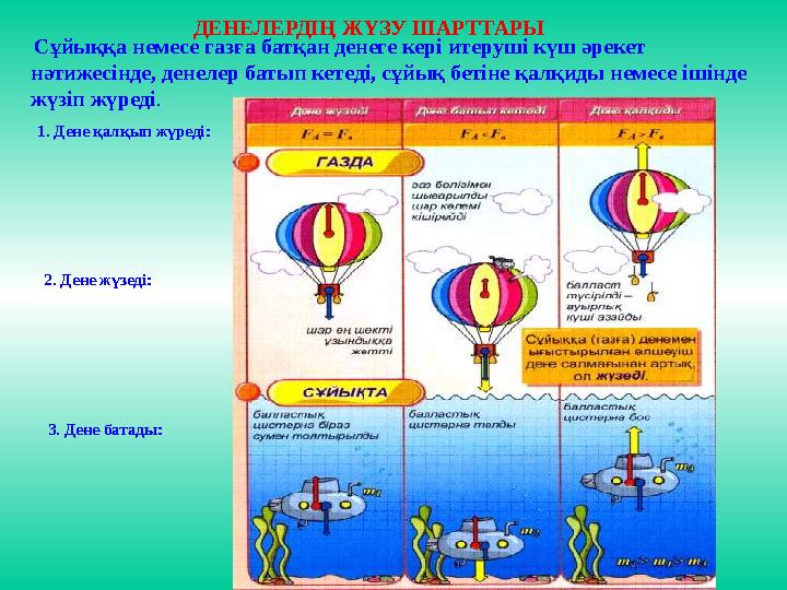 ДЕНЕЛЕРДІҢ ЖҮЗУ ШАРТТАРЫ Сұйыққа немесе газға батқан денеге кері итеруші күш әрекет нәтижесінде, денелер батып кетеді, сұйық