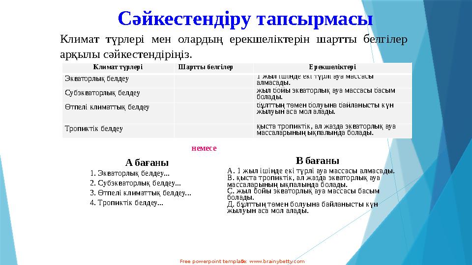 8Сәйкестендіру тапсырмасы A бағаны 1. Экваторлық белдеу... 2. Субэкваторлық белдеу... 3. Өтпелі климаттық белдеу... 4. Тропик 8Сәйкестендіру тапсырмасы A бағаны 1. Экваторлық белдеу... 2. Субэкваторлық белдеу... 3. Өтпелі климаттық белдеу... 4. Тропик