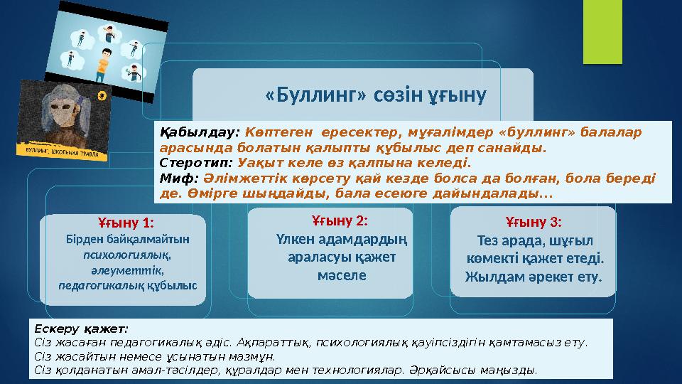 «Буллинг» сөзін ұғыну Ұғыну 1: Бірден байқалмайтын психологиялық, әлеуметтік, педагогикалық құбылыс Ұғыну 2: Үлкен адам
