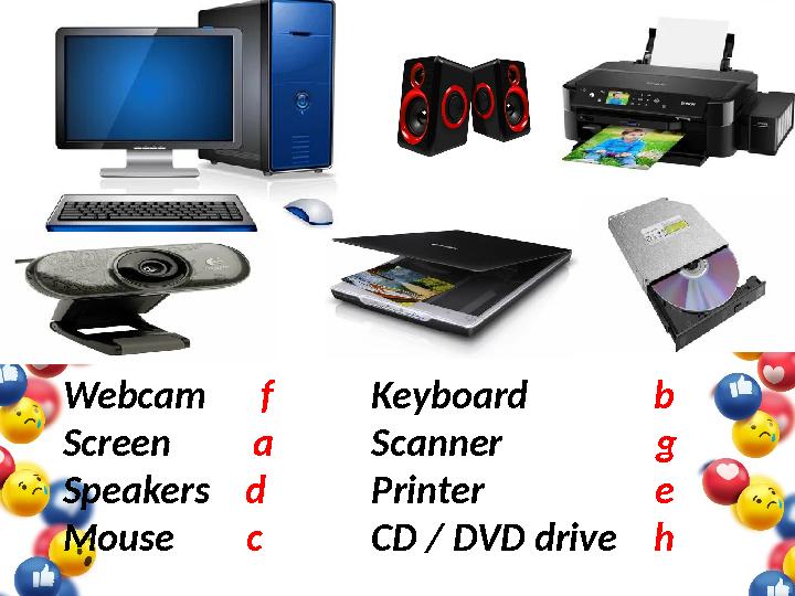 Webcam f Screen a Speakers d Mouse c Keyboard b Scanner g Printer