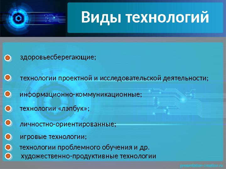 Виды технологий информационно-коммуникационные; технологии проектной и исследовательской деятельности;