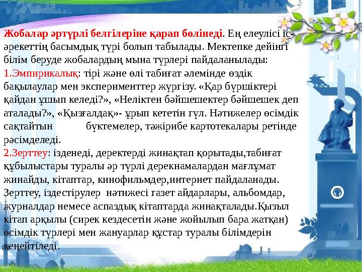 Жобалар әртүрлі белгілеріне қарап бөлінеді . Ең елеулісі іс- әрекеттің басымдық түрі болып табылады. Мектепке дейінгі білім бер