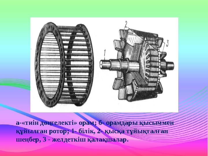 а-«тиін дөңгелекті» орам; б- орамдары қысыммен құйылған ротор; 1- білік, 2- қысқа тұйықталған шеңбер, 3 - желдеткіш қалақшалар