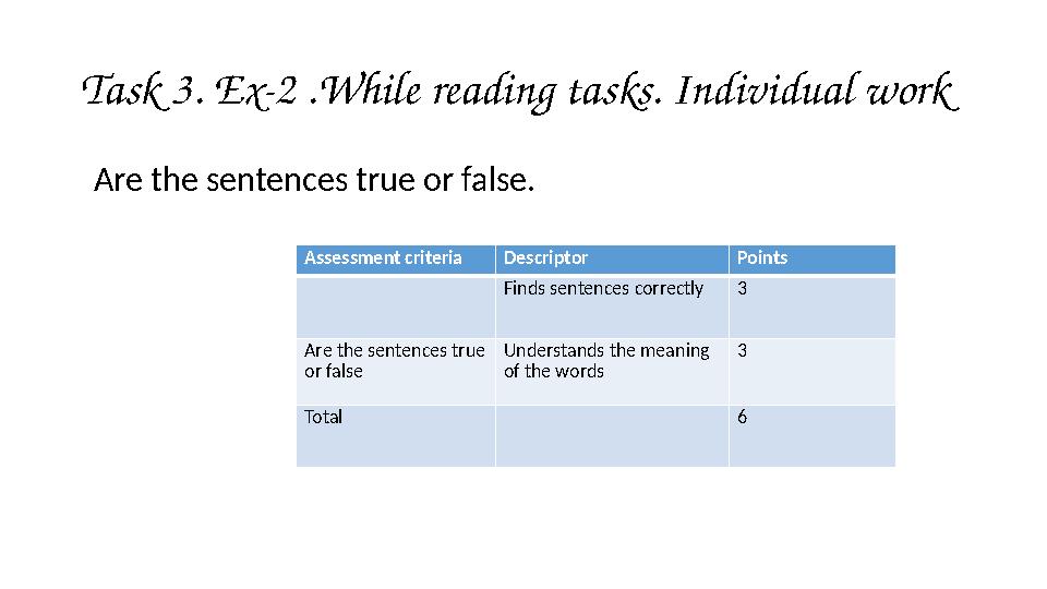 Task 3. Ex-2 .While reading tasks. Individual work Are the sentences true or false. Assessment criteria Descriptor Points Fin