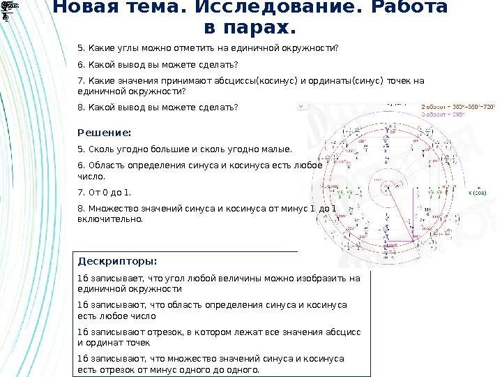 Новая тема. Исследование. Работа в парах. Дескрипторы: 1б записывает, что угол любой величины можно изобразить на единично