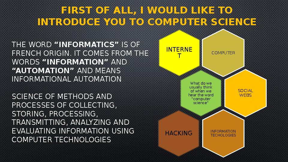 FIRST OF ALL, I WOULD LIKE TO INTRODUCE YOU TO COMPUTER SCIENCE COMPUTERINTERNE T What do we usually think of when we hear t