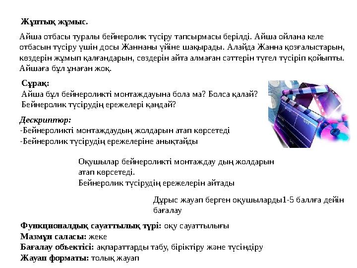 Дескриптор: -Бейнероликті монтаждаудың жолдарын атап көрсетеді -Бейнеролик түсірудің ережелеріне анықтайды Жұптық жұмыс. Айша