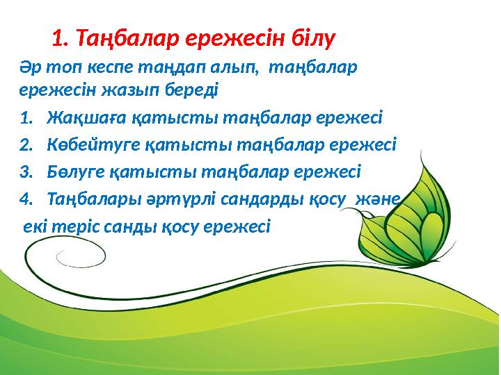 1. Таңбалар ережесін білу Әр топ кеспе таңдап алып, таңбалар ережесін жазып береді 1. Жақшаға қатысты таңбалар ережесі 2. Көб