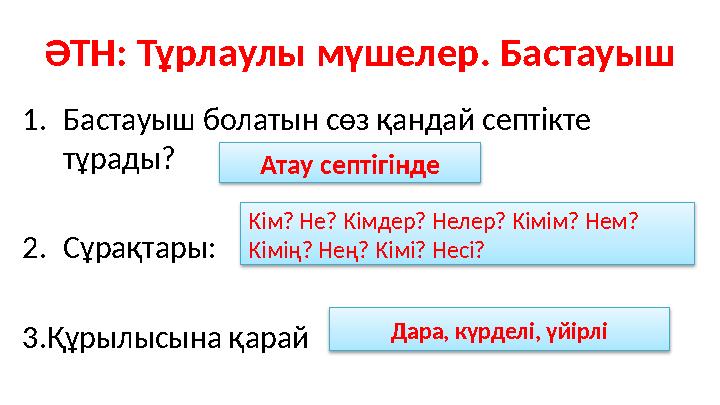 ӘТН: Тұрлаулы мүшелер. Бастауыш 1. Бастауыш болатын сөз қандай септікте тұрады? 2. Сұрақтары: 3.Құрылысына қарай Атау септіг