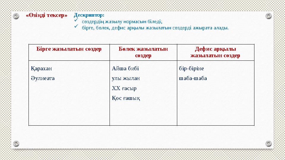 «Өзіңді тексер» Бірге жазылатын сөздер Бөлек жазылатын сөздер Дефис арқылы жазылатын сөздер Қарахан Әулиеата Айша бибі улы ж