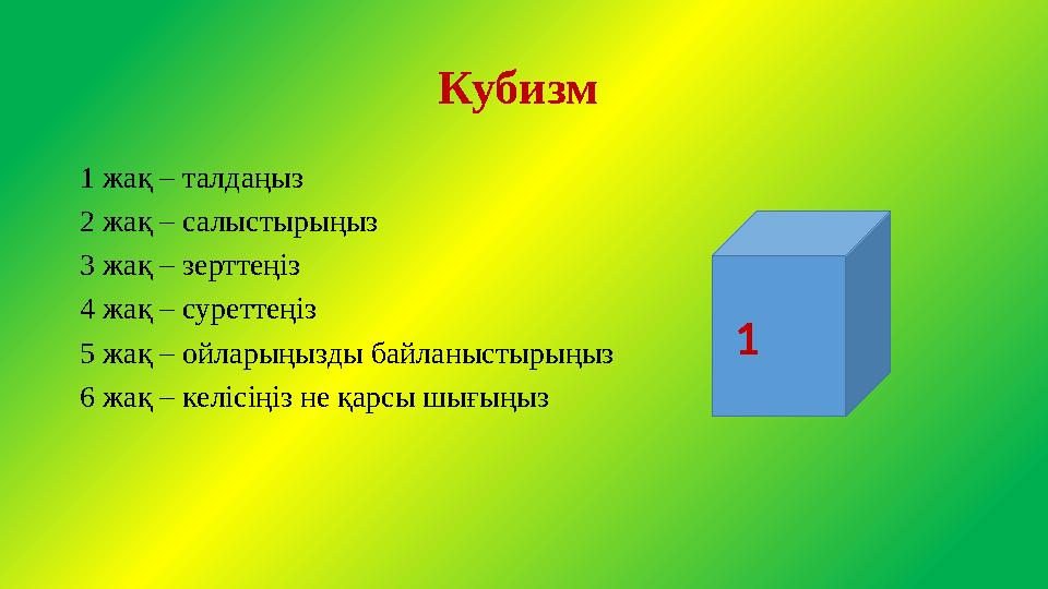 Кубизм 1 жақ – талдаңыз 2 жақ – салыстырыңыз 3 жақ – зерттеңіз 4 жақ – суреттеңіз 5 жақ – ойларыңызды байланыстырыңыз 6 жақ – к