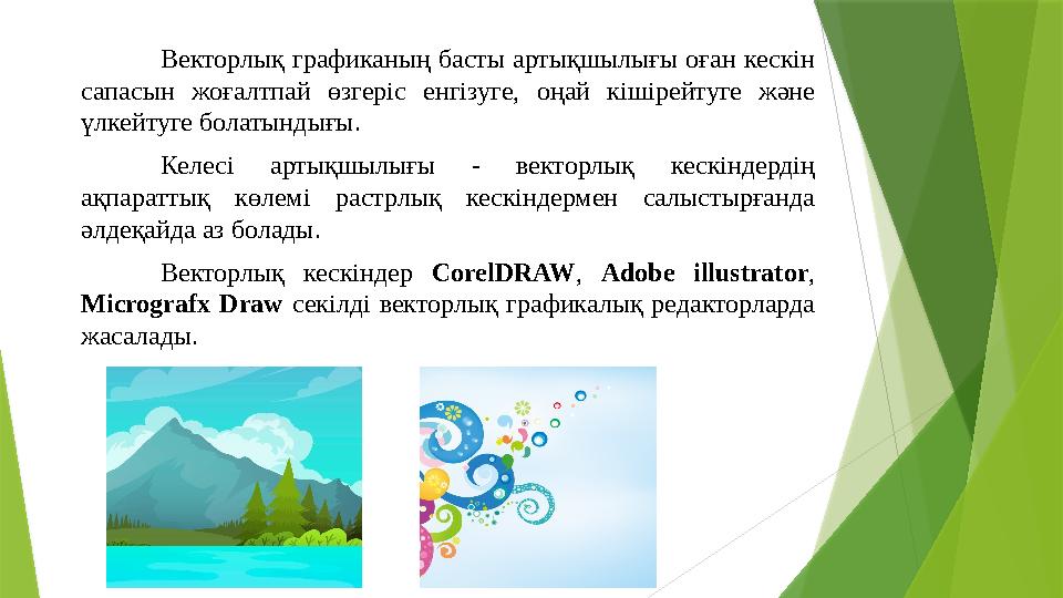 Векторлық графиканың басты артықшылығы оған кескін сапасын жоғалтпай өзгеріс енгізуге, оңай кішірейтуге және үлкейтуге